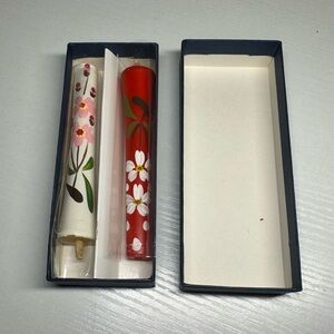 Japanese Hand Painted Temple Shrine Candles Set Of 2 - White & Red Floral In Box